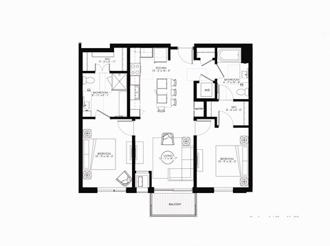 Floor plan for 2 beds, 2 baths, 1056 sqft